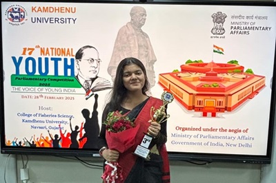 Student of College of Dairy Science Amreli Miss Hansika Nagar got 3rd Rank in 17th National Youth Parliamentary competition 2025 – “The Voice of Young India” Organized by Kamdhenu University on 28/02/25 under the aegis of Ministry of Parliamentary affairs Govt. of India, New Delhi.